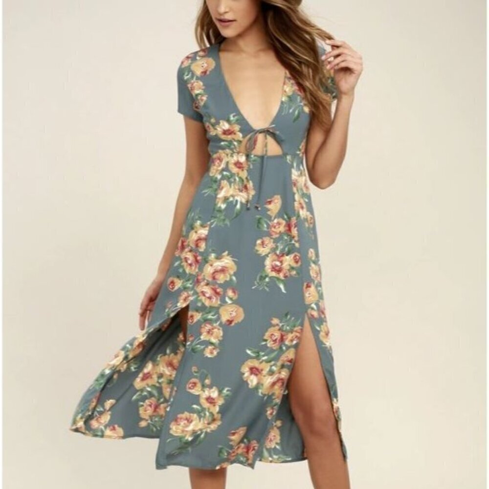 Lulus Best Day of My Life Dusty Sage Floral Print Midi Dress Blue Side Slits XS